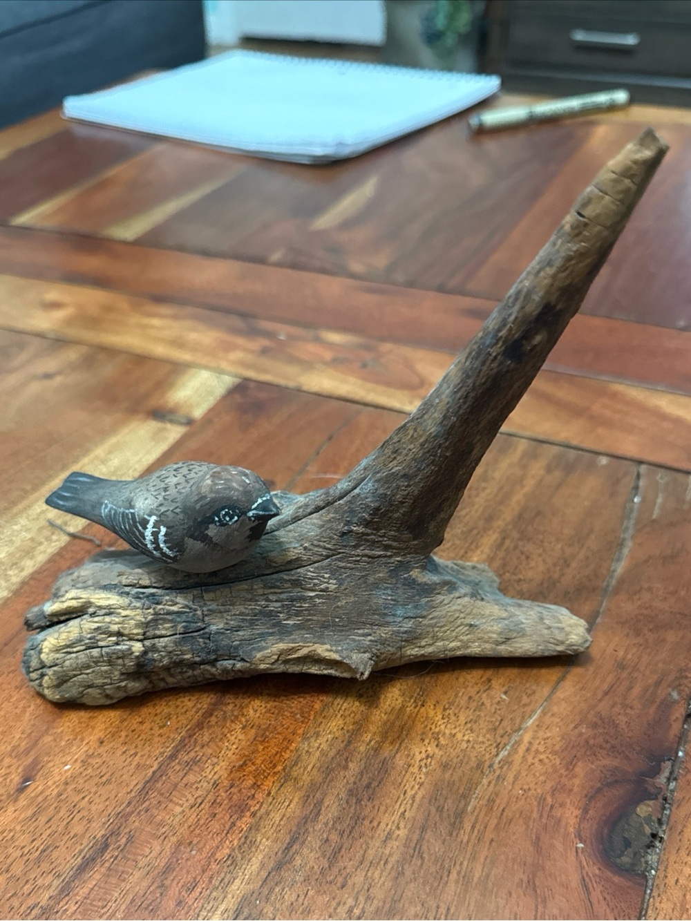 Hand-Painted Brown Bird Figurine on Driftwood Accent